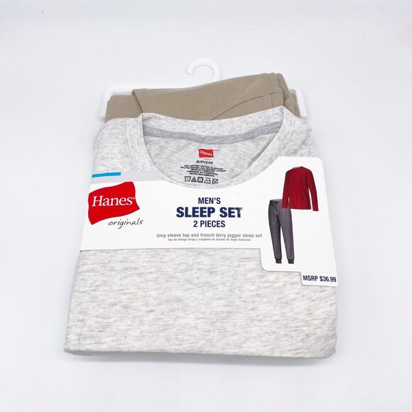 Hanes Originals Men's 2pc Soft French Terry Joggers Pajama Set Gray Brown Small - Picture 1 of 2